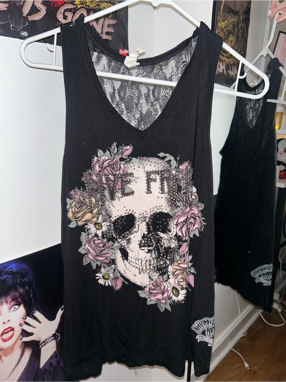 Y2k Goth Rhinestone Skull Roses Tank Top with Black Lace back